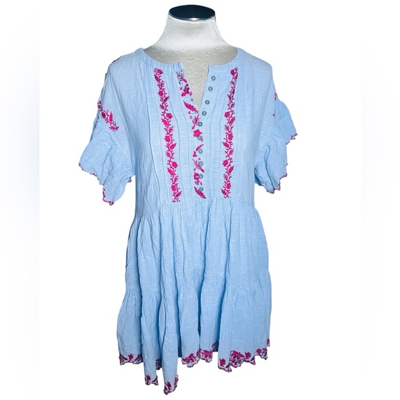 Free People Dresses & Skirts - Free People Santiago Light Blue gauzy Dress with red Floral Embroidery S